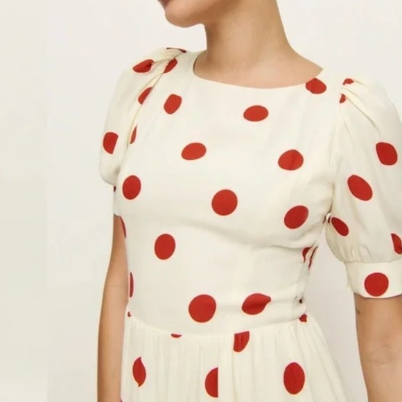 Reformation | NWT‎ Aiyana Polka Dot Puff Sleeve Mini Dress in Carmona Dot - Picture 4 of 9